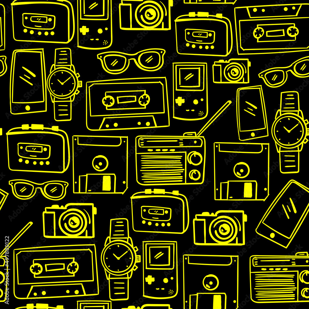Seamless pattern of 90s stuff for nostalgia isolated on black background. Seamless pattern of 90s stuff for nostalgia isolated on black background.