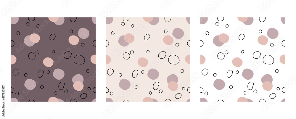 Collection of vector patterns. Prints in pastel colors. Pink and purple spots. Purple, beige and white backgrounds.