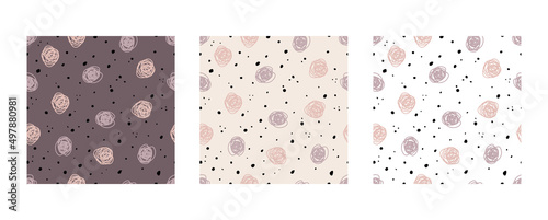 Collection of vector patterns. Prints in pastel colors. Pink and purple blotches and black dots. Purple, beige and white backgrounds.