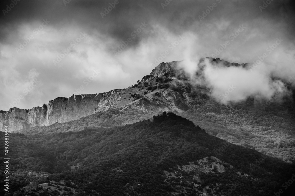 Koshka Rock on shining sea background. Simeiz town, Crimea, Russia