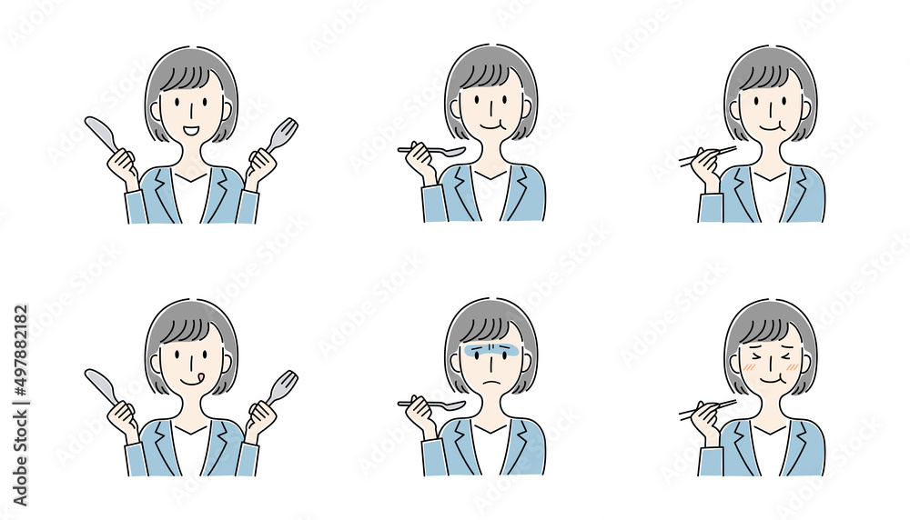 手描き風・食事をする女性のベクターイラストセット