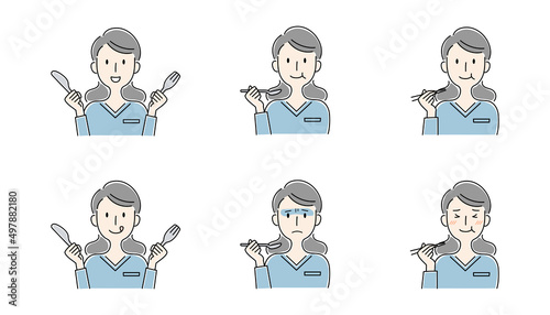 手描き風・食事をする女性のベクターイラストセット