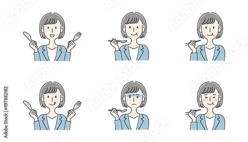 手描き風・食事をする女性のベクターイラストセット