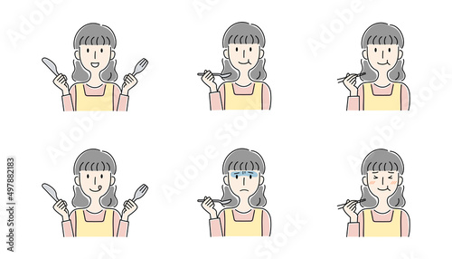手描き風・食事をする女性のベクターイラストセット