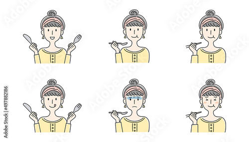 手描き風・食事をする女性のベクターイラストセット