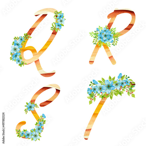 Alphabet numbers set with yellow watercolor fill and with cute blue bouquets of flowers.The set is suitable for greeting cards, invitations, design works,crafts and hobbies.