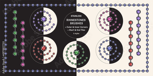 Pattern blackened silver brushes with color rhinestones. Colors of crystals are colors of amethyst, ruby, emerald, sapphire, spinel gems. Chain brushes with corners, end, start tiles.