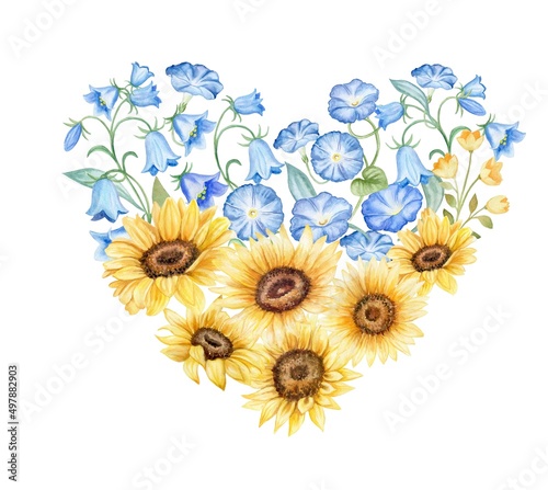 blooming heart yellow-blue flag with wildflowers and sunflowers. Watercolor illustration isolated on white background.