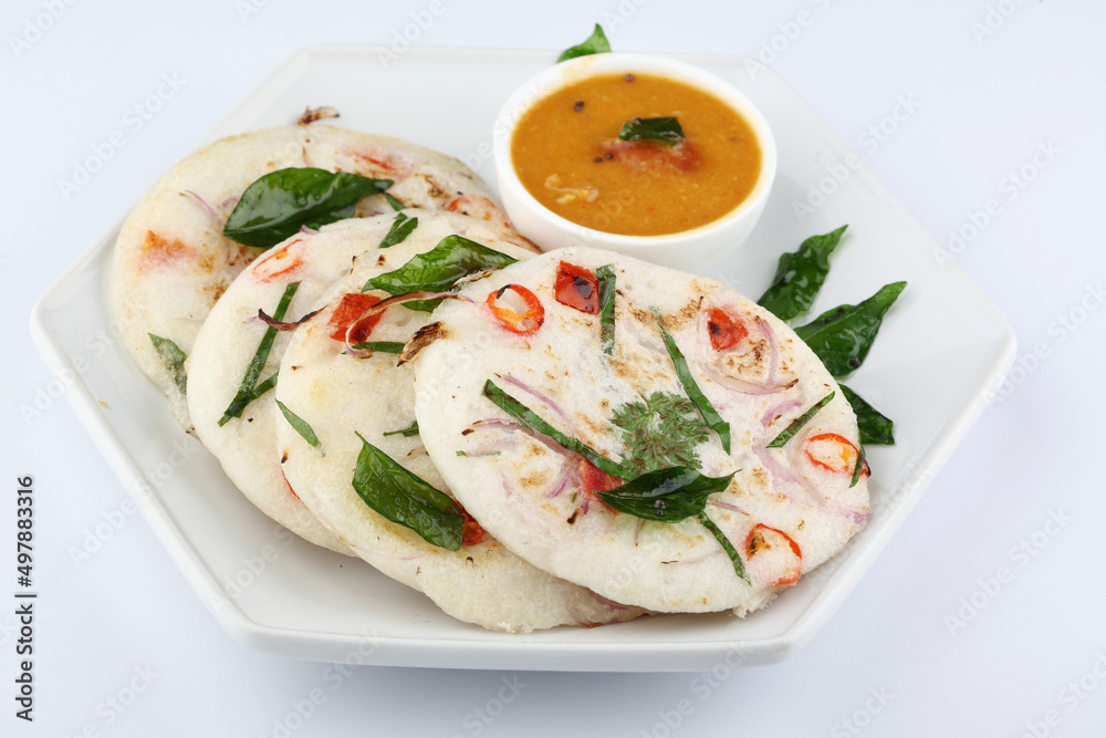 south indian food, UTTHAPAM WITH SAMBAR served in a ceramic plate south indian food, UTTHAPAM WITH SAMBAR served in a ceramic plate