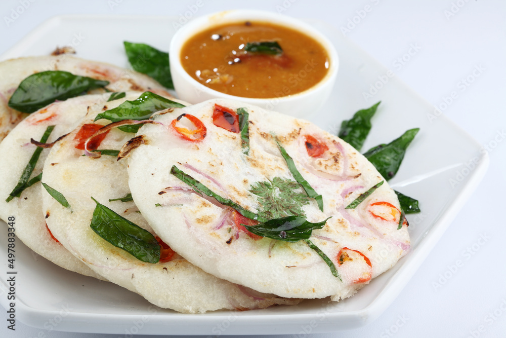 south indian food, UTTHAPAM WITH SAMBAR served in a ceramic plate