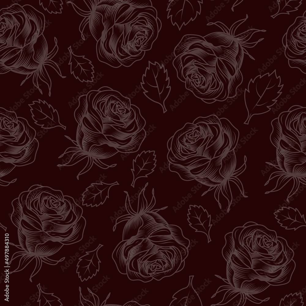 Monochrome seamless pattern with engraved roses on low contrast background. Vector illustration. Monochrome seamless pattern with engraved roses on low contrast background. Vector illustration.