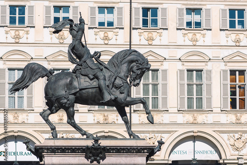 Картината върху платно Equestrian bronze statue or monument of Emmanuel Philibert rises in the center o