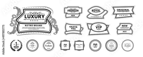 Outline collection stickers and labels with text. Vector premium borders, original labels, new collection stickers and luxury circle buttons. Black and white vintage isolated borders
