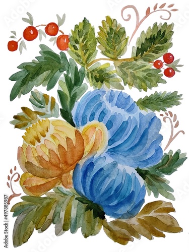 Watercolor blue amd yellow peonies painted with Floral Ukrainian style of Petrykivka painting. Ukrainian decor on isolated white background.