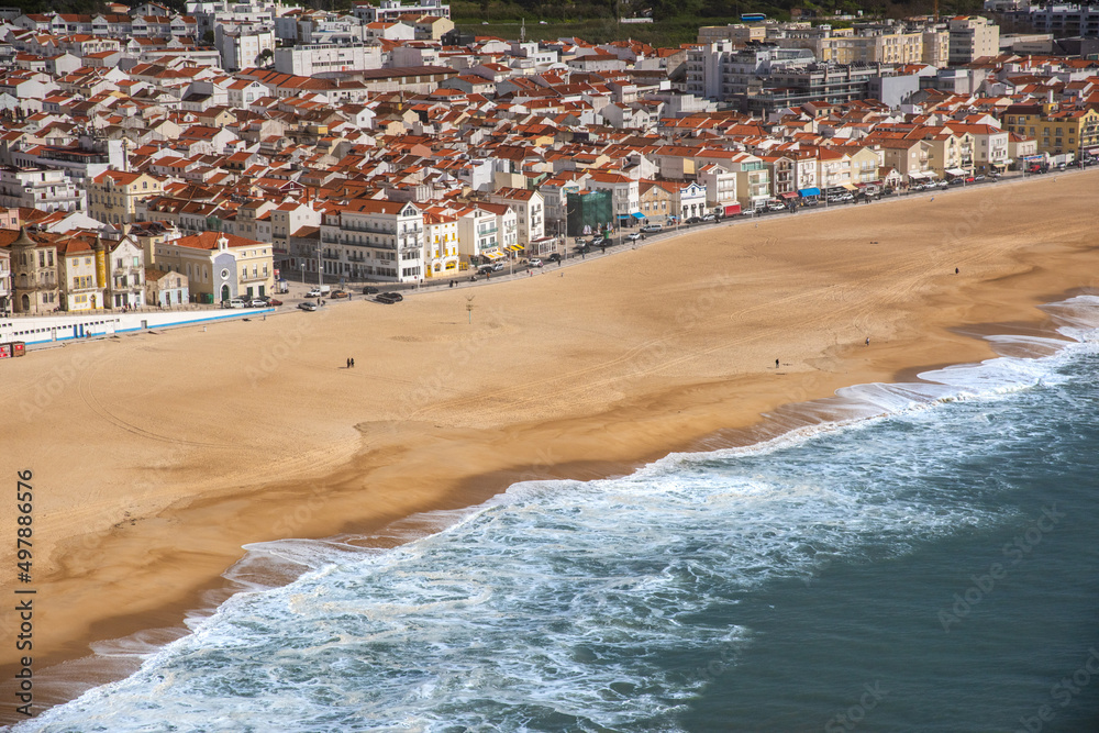 high point view of Nazare. Sand beach, sea, village Nazare, Portugal