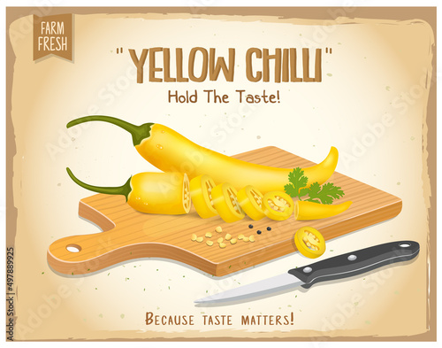 Yellow chilli pepper vector illustration on brown background