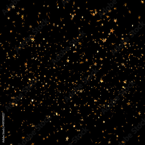 Confetti Overlays. Golden confetti fall on black background. Party shiny rain. Grainy abstract texture design element. Glamour glitters can be used for Christmas Day or other celebration greetings.