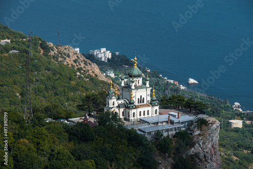 Top view Church of Holy Resurrection on Black sea coast, Crimea, Russia