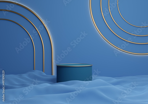 Bright, dark, pastel blue 3D rendering luxurious product display cylinder podium or stand with golden lines minimal composition with an arch geometric shining lights
