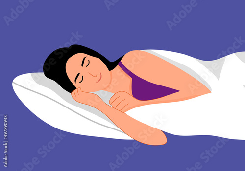 Sleeping woman on bed in flat design.