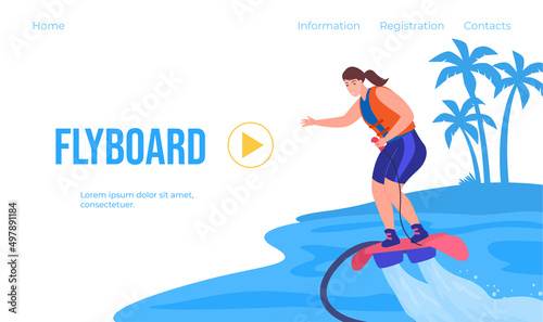 Flyboard landing page vector flat illustration. Video play woman enjoying extreme beach water sport