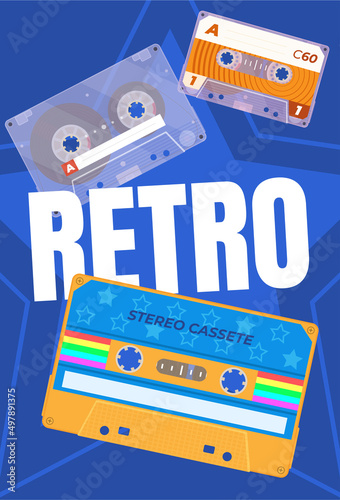 Vertical retro audio cassette poster place for text decorative design realistic vector illustration