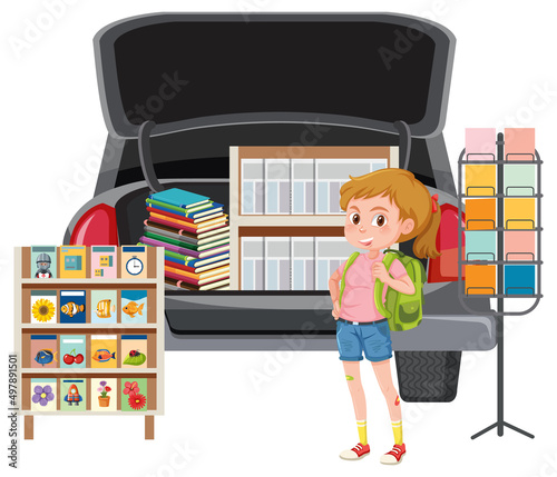 Girl looking at books at yard sale