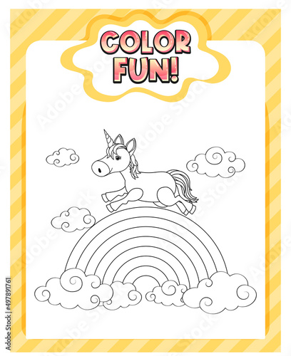 Worksheets template with color time! text and Unicorn outline