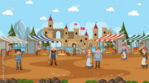 Medieval town scene in cartoon style