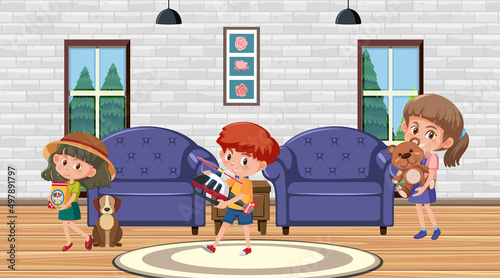 Living room scene with children cartoon character