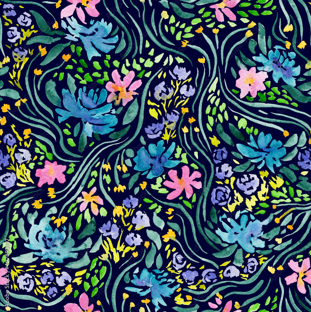 Floral seamless pattern painted in watercolor. Background with watercolor flowers and leaves in Doodle style