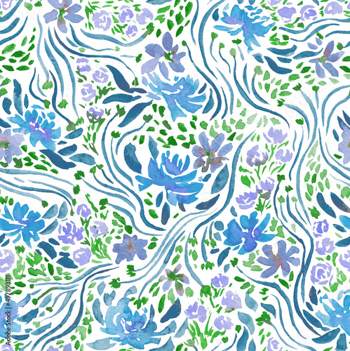 Floral seamless pattern painted in watercolor. Background with watercolor flowers and leaves in Doodle style