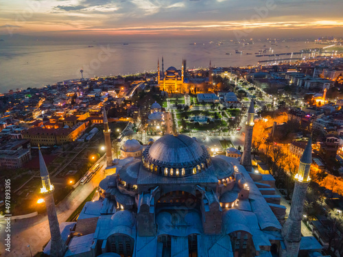 Sunset in the Blue Mosque and Hagia Sophia Mosque, Fatih Istanbul Turkey photo