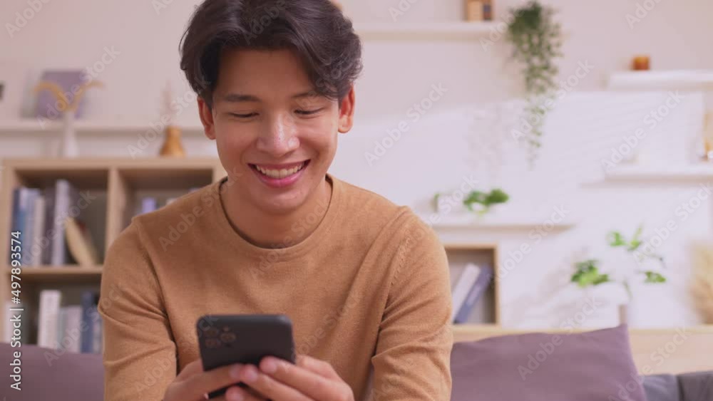 Sitting on the sofa in the house, an Asian man works on his smartphone.Man works while using social media applications. The concept of working from home. Sitting on the sofa in the house, an Asian man works on his smartphone.Man works while using social media applications. The concept of working from home.