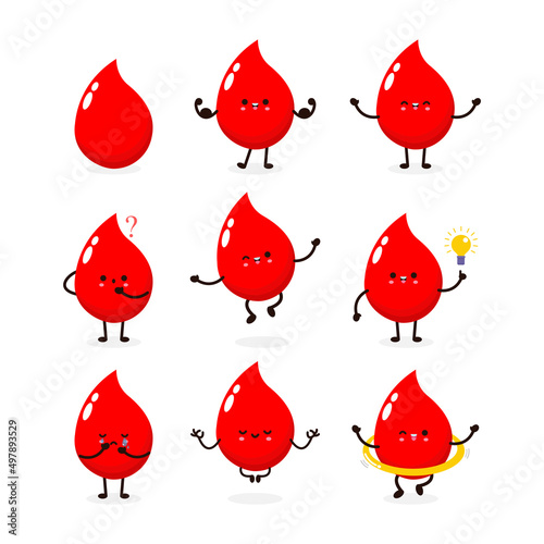 Set of collection funny cartoon cute happy blood drop, World Blood Donor Day, healthy concept, icon comic character Vector flat design illustration isolated on white background
