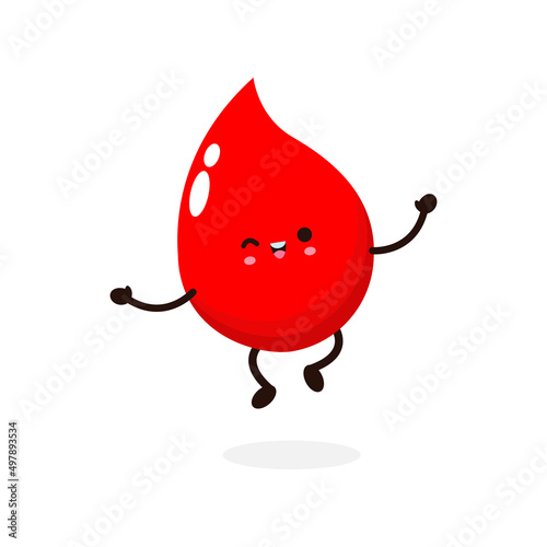 Funny cartoon Cute happy smiling blood drop kawaii jumping, World Blood Donor Day, healthy concept, icon comic character Vector flat design illustration isolated on white background