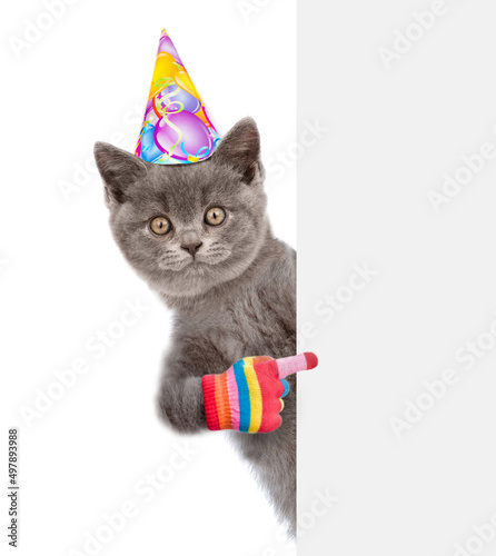 Cute kitten wearing birthday cap points on empty white banner. isolated on white background