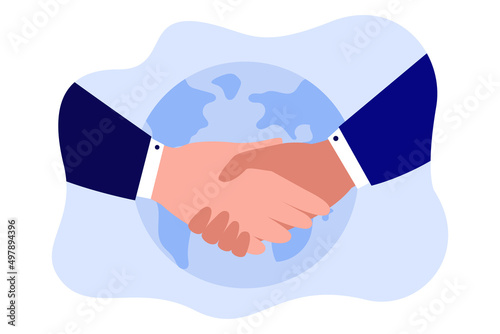 Hands of business partners making successful deal. Introduction of businessmen, handshake flat vector illustration. Relationship, partnership, agreement concept for banner or landing web page