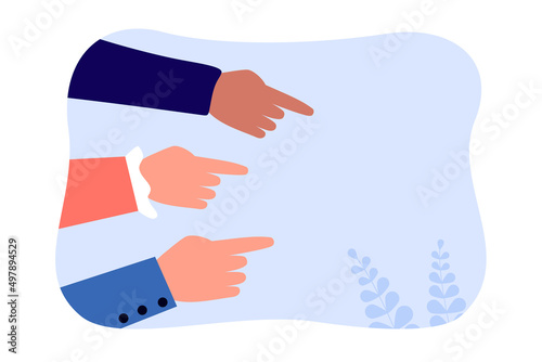Fingers of company people pointing in right direction. Hands of persons drawing attention to blank space, pointers flat vector illustration. Cooperation, teamwork, partnership concept for banner