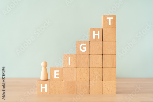 「HEIGHT」と書かれた積み木と人形