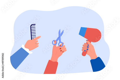 Hairdressers hands holding comb, scissors and hairdryer. Female hairstylists cutting hair, making hairstyle and haircut in beauty salon flat vector illustration. Barber service, barbershop concept