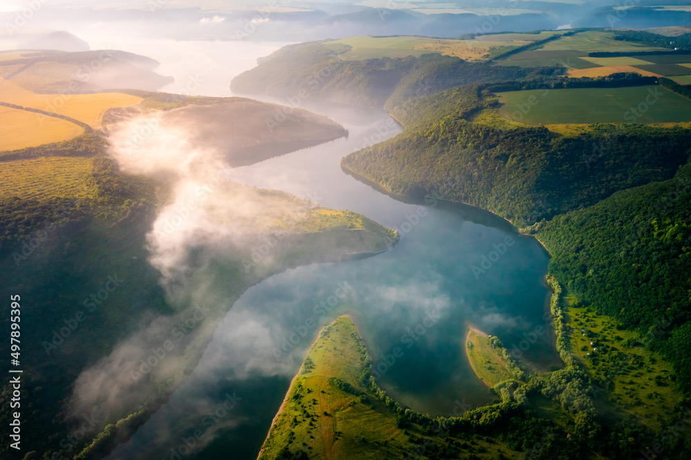 Panoramic view from a drone flying over the meander of the Dniester river. Ukraine, Europe.