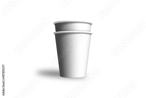 Two disposable recycle white paper cup mockup isolated on white background. Food and drink concept. Close up.3D Rendering