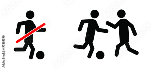 Caution no football or ball activity zone sign. Stop, do not play game. Vector sports pictogram or symbol. Cartoon soccer playing team. Sport, balls games area icon or logo.