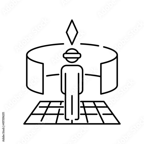 Avatar in metaverse. Thin line icon. Settings, choosing appearance. Pixel perfect, editable stroke. Vector illustration. Virtual monitor or hologram. 360 view, Sim game character. VR or virtual real