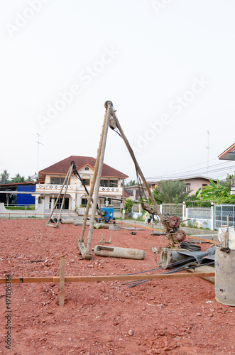 Construction site in preparation for the foundation for the construction of a house.
