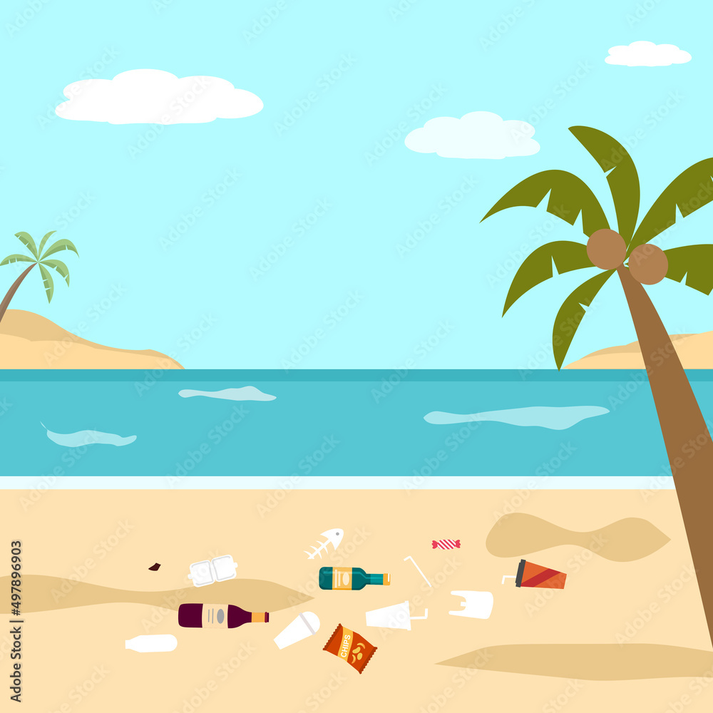 Dirty beach with many garbage plastic bag and bottles in flat design.
