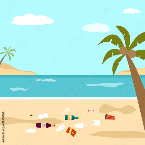 Dirty beach with many garbage plastic bag and bottles in flat design. © Orapun