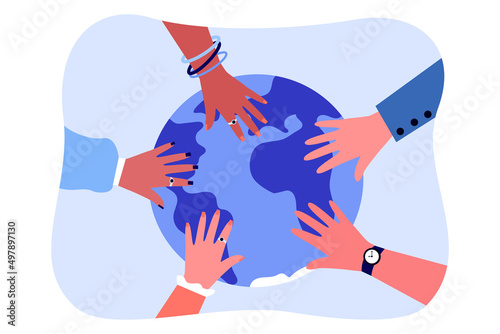 Hands of diverse people on globe. Team of multicultural persons cooperating together flat vector illustration. Teamwork, support, partnership, trust concept for banner, website design or landing page