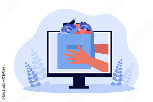 Hands holding food in paper bag from online grocery store. Computer screen with supermarket website flat vector illustration. Ecommerce, delivery, online shopping concept for banner or landing page